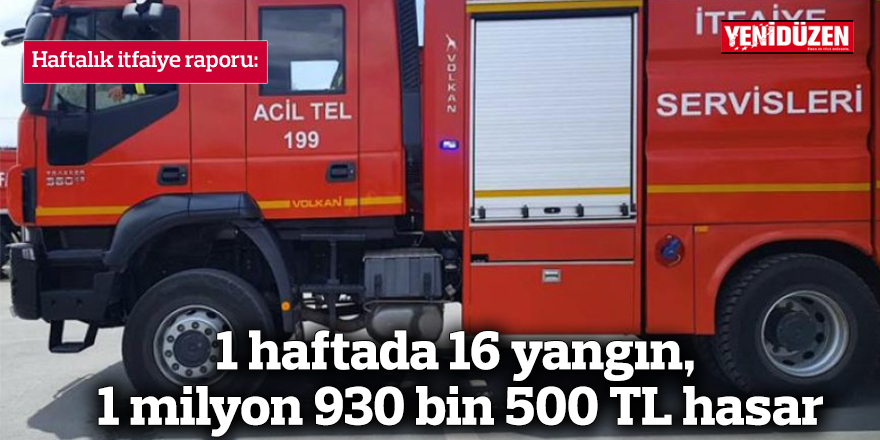 1 haftada 16 yangın, 1 milyon 930 bin 500 TL hasar