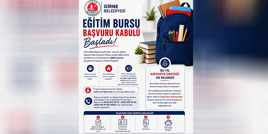 Girne Belediyesi’nin İlk ve Orta Eğitim Bursu için başvurular başladı