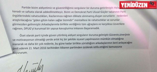 İşte Menteş Gündüzün DPden istifa gerekçesi