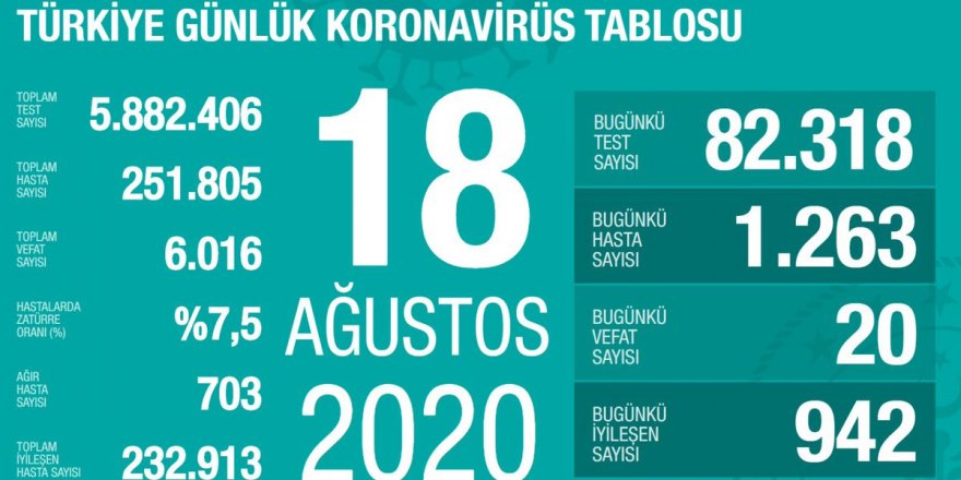 Türkiye'de Coronavirüs: 20 kişi hayatını kaybetti, 1263 yeni tanı kondu