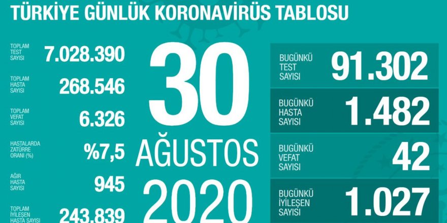 Türkiye'de Coronavirüs: 42 kişi daha hayatını kaybetti, 1482 yeni tanı kondu