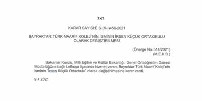 BTMK, İrsen Küçük Ortaokulu oluyor