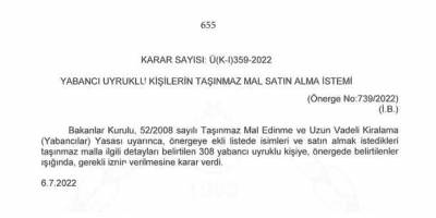 329 yabancı uyrukluya taşınmaz mal izni!