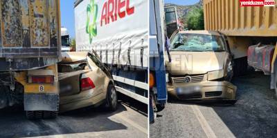 Dağyolu'nda korkunç kaza: Araç tırların arasında kaldı