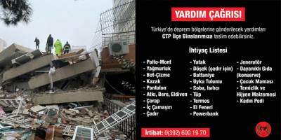 CTP depremden etkilenen bölgeler için yardım toplamaya başlıyor