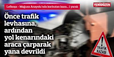 Önce trafik levhasına, ardından yol kenarındaki araca çarparak yana devrildi