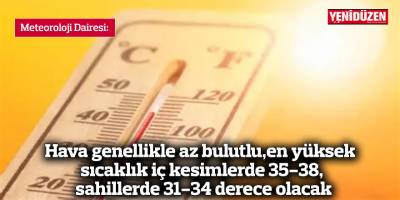 Hava genellikle az bulutlu, en yüksek sıcaklık iç kesimlerde 35-38, sahillerde 31-34 derece olacak