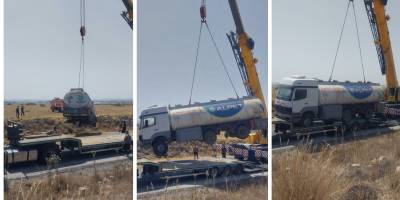 Devrilen akaryakıt yüklü tanker kaldırıldı, yol yeniden trafiğe açıldı
